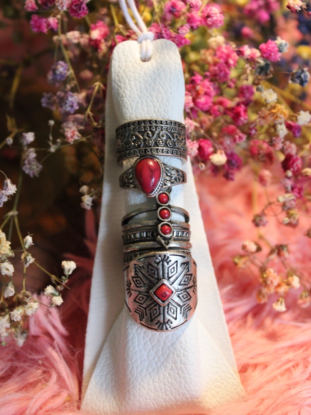 Free People Silver Tone Red Stone Statement Ring Boho Southwestern Size 7.5